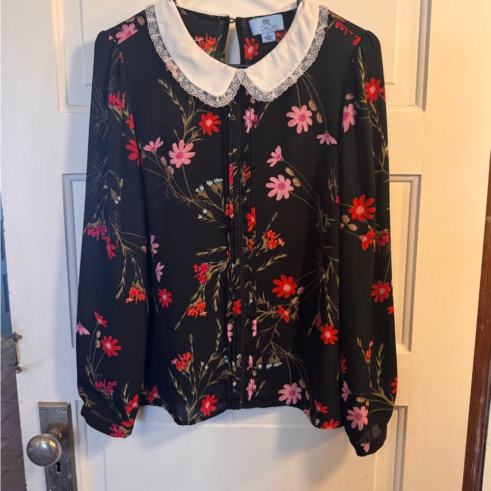 CeCe Black Floral Top with Lace Trim